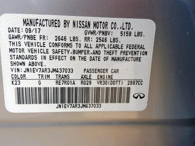 JN1EV7AR3JM437033 - 2018 INFINITI Q50 LUXE SILVER photo 10