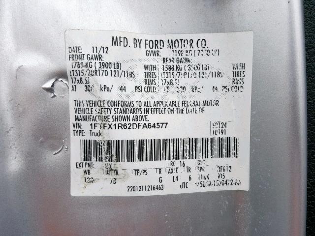 1FTFX1R62DFA64577 - 2013 FORD F150 SVT R SILVER photo 10