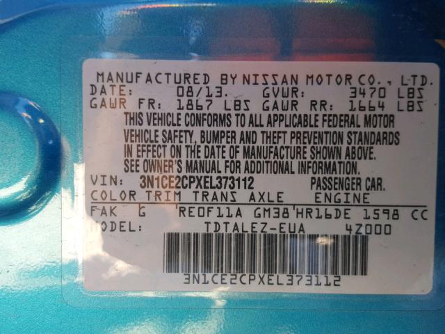 3N1CE2CPXEL373112 - 2014 NISSAN VERSA NOTE BLUE photo 10