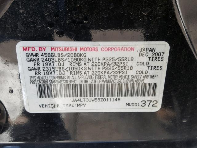 JA4LT31W58Z011148 - 2008 MITSUBISHI OUTLANDER BLACK photo 10