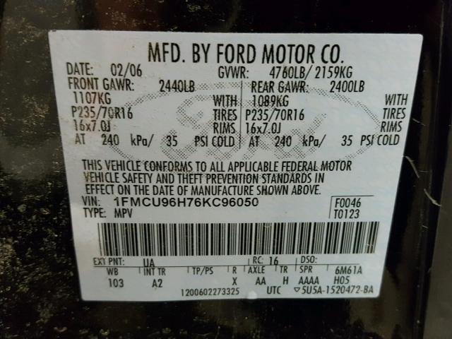 1FMCU96H76KC96050 - 2006 FORD ESCAPE HEV BLACK photo 10