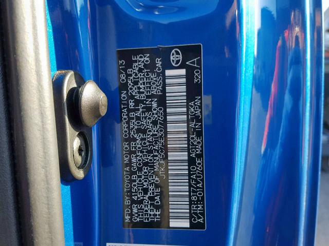 JTKJF5C75E3077650 - 2014 TOYOTA SCION TC ლურჯი ფოტო 10