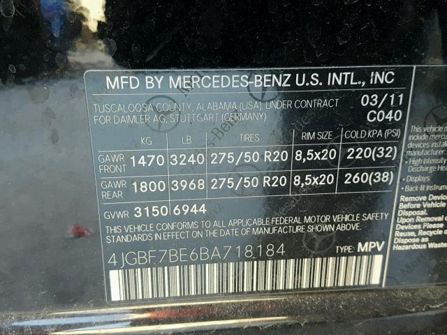 4JGBF7BE6BA718184 - 2011 MERCEDES-BENZ GL 450 4MA BLACK photo 10