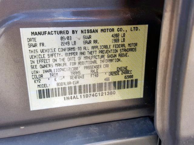 1N4AL11D74C121380 - 2004 NISSAN ALTIMA BAS GOLD photo 10