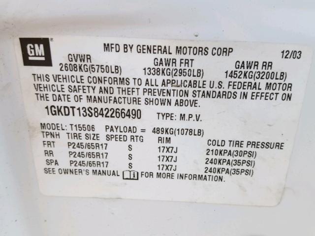 1GKDT13S842266490 - 2004 GMC ENVOY WHITE photo 10