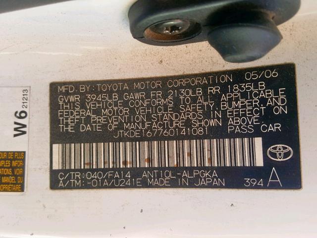JTKDE167760141081 - 2006 TOYOTA SCION TC თეთრი ფოტო 10