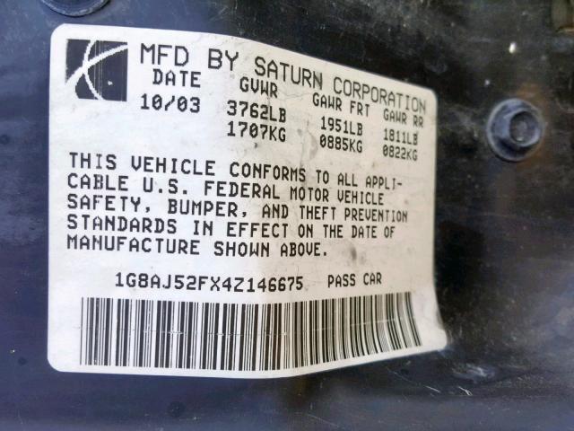 1G8AJ52FX4Z146675 - 2004 SATURN ION LEVEL WHITE photo 10
