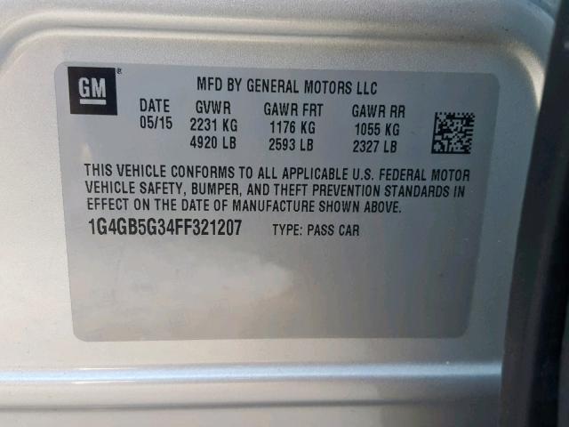 1G4GB5G34FF321207 - 2015 BUICK LACROSSE SILVER photo 10