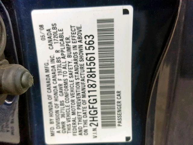 2HGFG11878H561563 - 2008 HONDA CIVIC EX BLUE photo 10