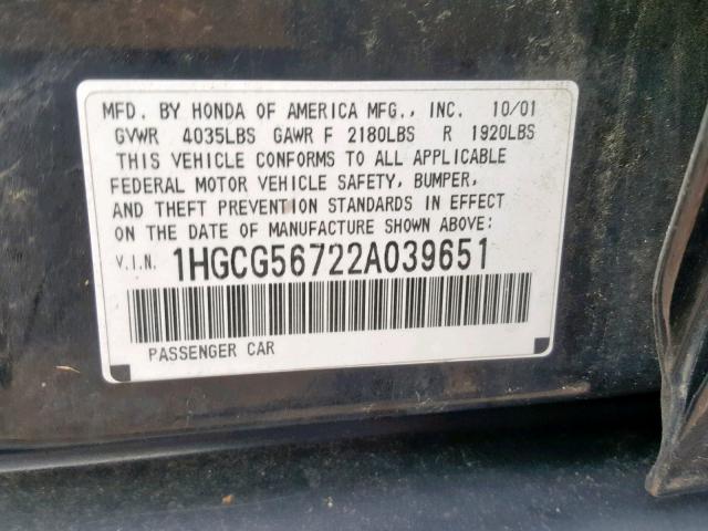 1HGCG56722A039651 - 2002 HONDA ACCORD SE BLACK photo 10