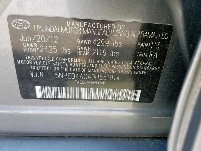 5NPEB4AC4DH551914 - 2013 HYUNDAI SONATA GLS GRAY photo 10