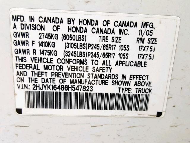 2HJYK16486H547823 - 2006 HONDA RIDGELINE WHITE photo 10