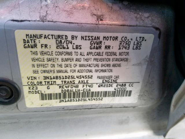 3N1AB51D25L454552 - 2005 NISSAN SENTRA SE- SILVER photo 10