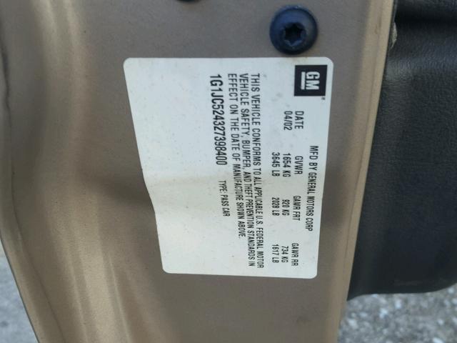 1G1JC524327398400 - 2002 CHEVROLET CAVALIER B BEIGE photo 10