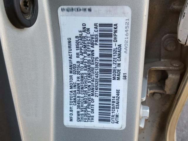 2T1KR32E43C139275 - 2003 TOYOTA COROLLA MA GRAY photo 10