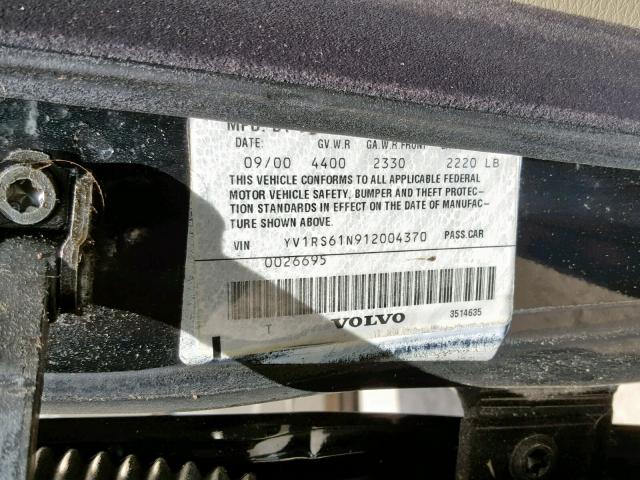 YV1RS61N912004370 - 2001 VOLVO S60 BLACK photo 10