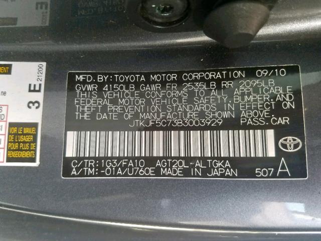 JTKJF5C73B3003929 - 2011 TOYOTA SCION TC ნაცრისფერი ფოტო 10