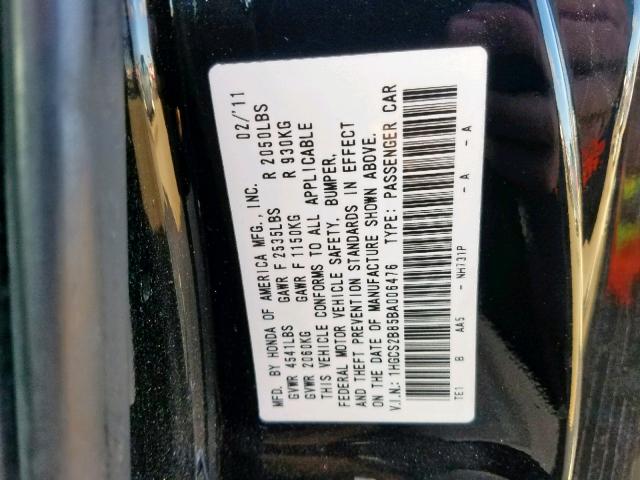 1HGCS2B85BA006476 - 2011 HONDA ACCORD EXL BLACK photo 10