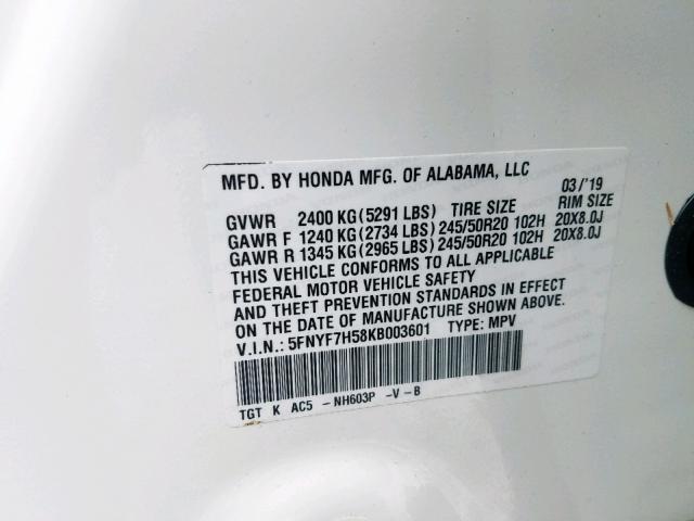 5FNYF7H58KB003601 - 2019 HONDA PASSPORT E თეთრი ფოტო 10