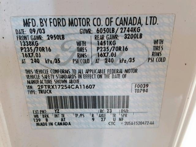 2FTRX17254CA11607 - 2004 FORD F-150 HERI WHITE photo 10