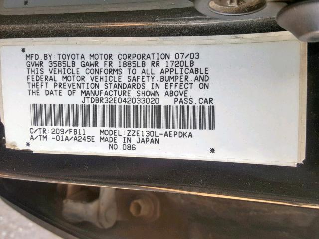 JTDBR32E042033020 - 2004 TOYOTA COROLLA CE BLACK photo 10