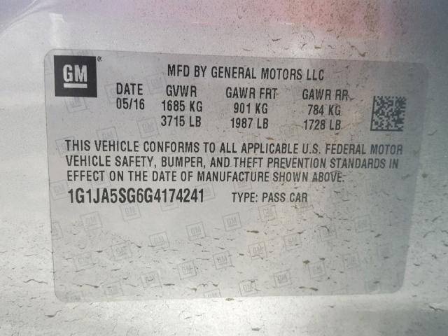 1G1JA5SG6G4174241 - 2016 CHEVROLET SONIC LS 银色 照片 10