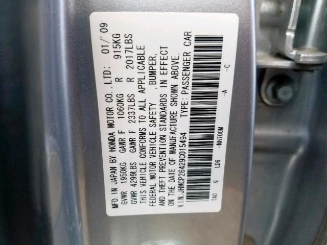 JHMCP26429C015494 - 2009 HONDA ACCORD LXP SILVER photo 10