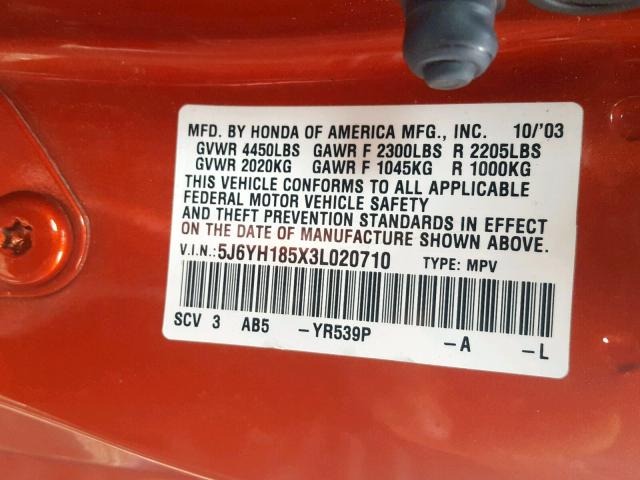 5J6YH185X3L020710 - 2003 HONDA ELEMENT EX ORANGE photo 10