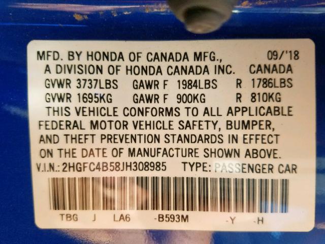 2HGFC4B58JH308985 - 2018 HONDA CIVIC LX BLUE photo 10