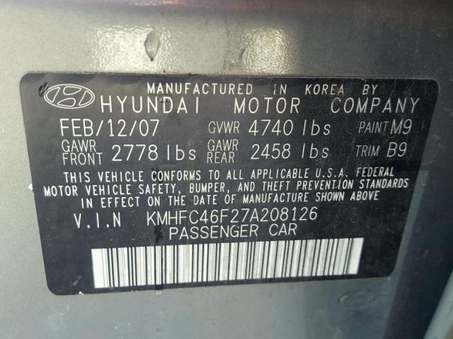 KMHFC46F27A208126 - 2007 HYUNDAI AZERA SE GREEN photo 10