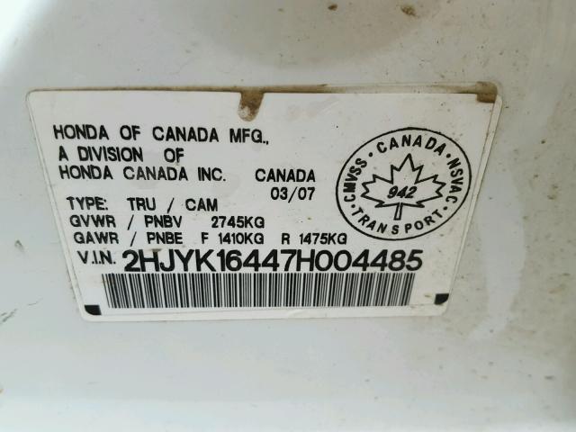 2HJYK16447H004485 - 2007 HONDA RIDGELINE WHITE photo 10