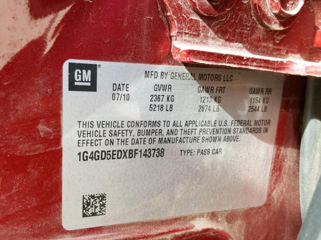 1G4GD5EDXBF143738 - 2011 BUICK LACROSSE C RED photo 10