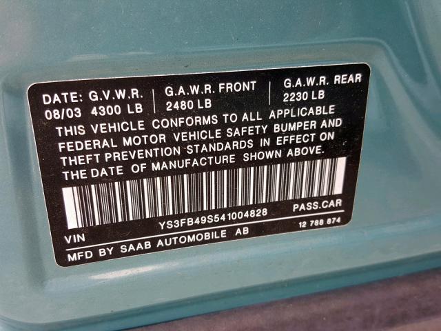 YS3FB49S541004828 - 2004 SAAB 9-3 LINEAR TEAL photo 10