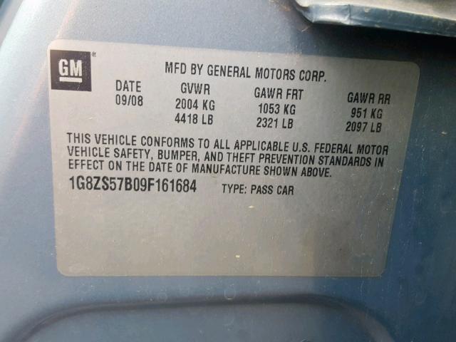 1G8ZS57B09F161684 - 2009 SATURN AURA XE BLUE photo 10