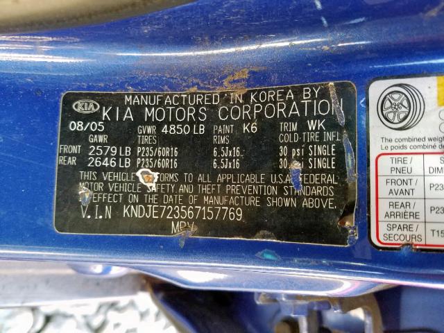 KNDJE723567157769 - 2006 KIA NEW SPORTA BLUE photo 10