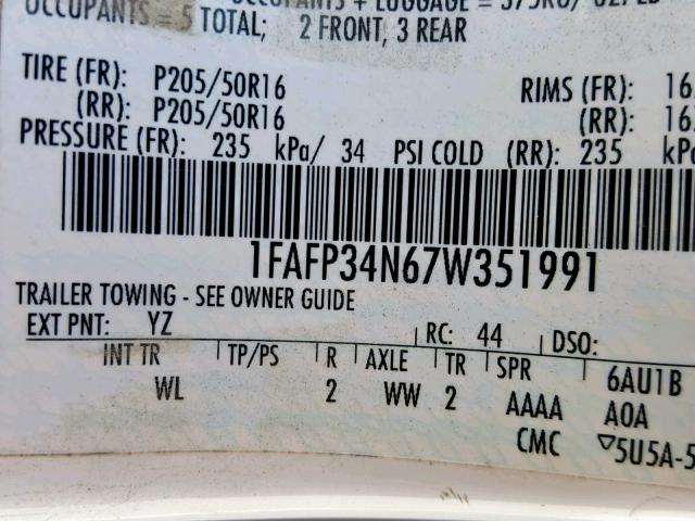 1FAFP34N67W351991 - 2007 FORD FOCUS ZX4 WHITE photo 10