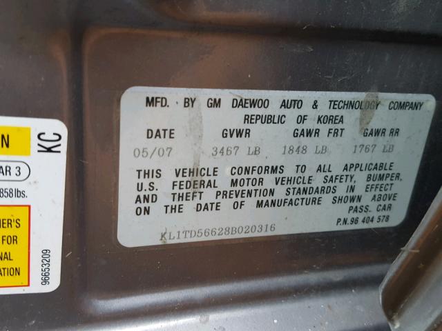 KL1TD56628B020316 - 2008 CHEVROLET AVEO BASE Boz foto 10