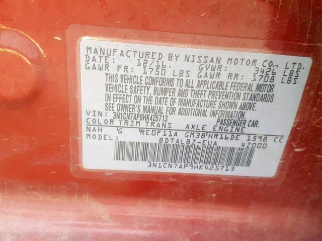 3N1CN7AP9HK425713 - 2017 NISSAN VERSA S BURGUNDY photo 10