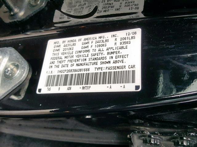 1HGCP26839A081666 - 2009 HONDA ACCORD EXL BLACK photo 10