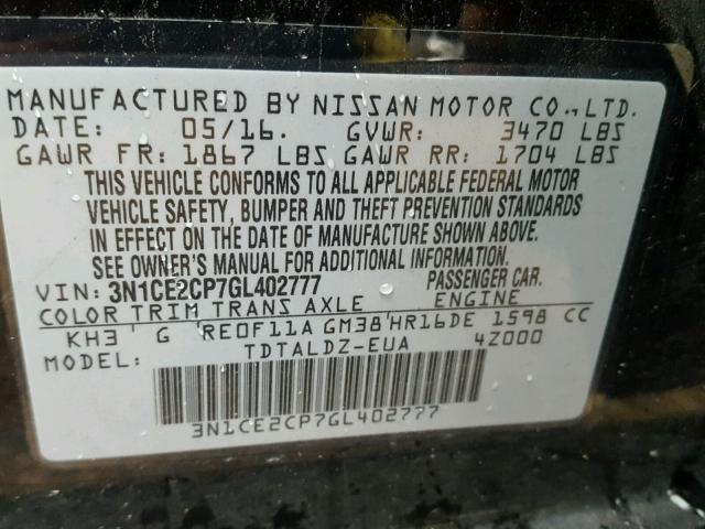 3N1CE2CP7GL402777 - 2016 NISSAN VERSA NOTE BLACK photo 10