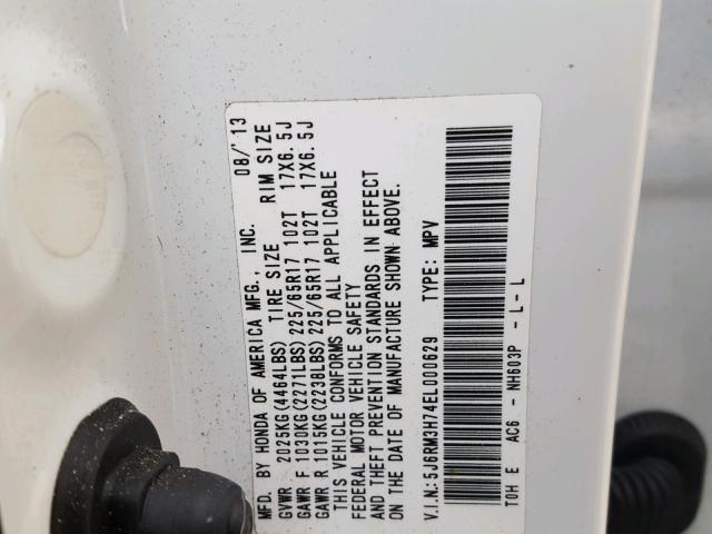 5J6RM3H74EL000629 - 2014 HONDA CR-V EXL WHITE photo 10