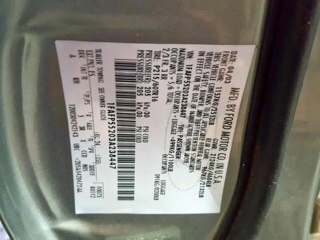 1FAFP55203A238447 - 2003 FORD TAURUS SES GRAY photo 10