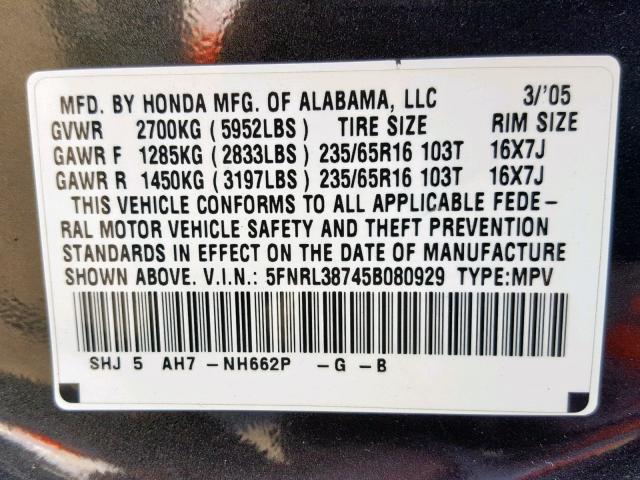 5FNRL38745B080929 - 2005 HONDA ODYSSEY EX GREEN photo 10