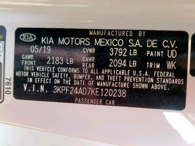 3KPF24AD7KE120238 - 2019 KIA FORTE FE WHITE photo 10