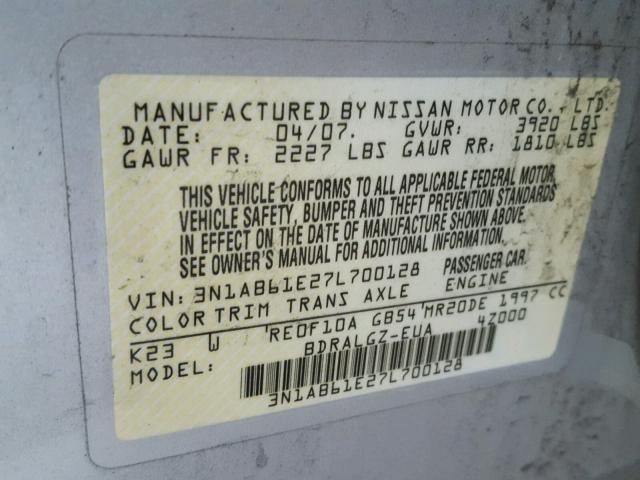 3N1AB61E27L700128 - 2007 NISSAN SENTRA 2.0 GRAY photo 10