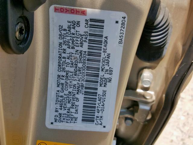 JTHBF30G930089334 - 2003 LEXUS ES 300 GRAY photo 10