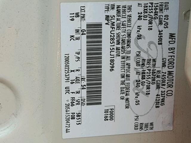 5LMFU28515LJ18096 - 2005 LINCOLN NAVIGATOR Biały zdjęcie 10