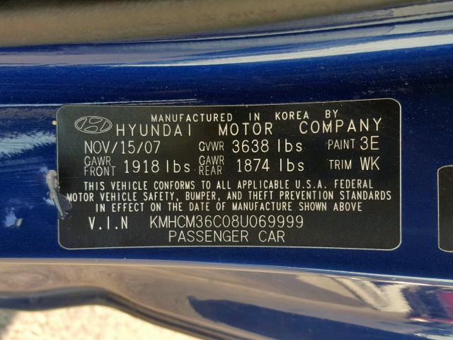 KMHCM36C08U069999 - 2008 HYUNDAI ACCENT GS BLUE photo 10