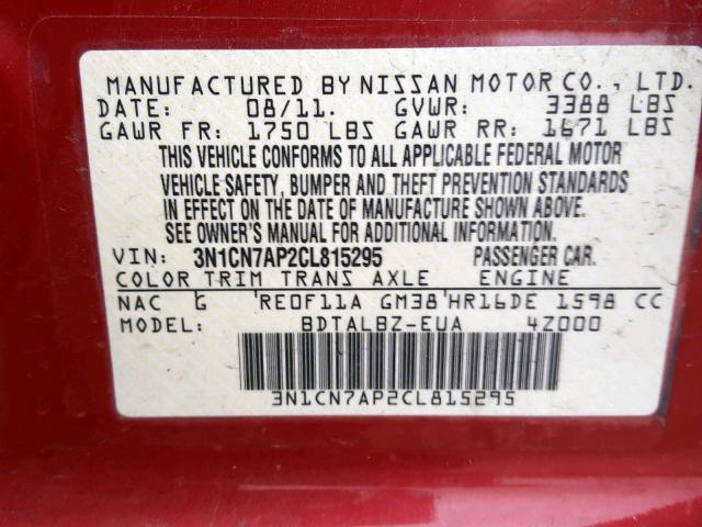 3N1CN7AP2CL815295 - 2012 NISSAN VERSA S RED photo 10