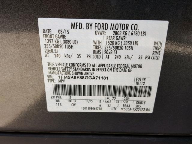 1FM5K8F88GGA71181 - 2016 FORD EXPLORER L CHARCOAL photo 10